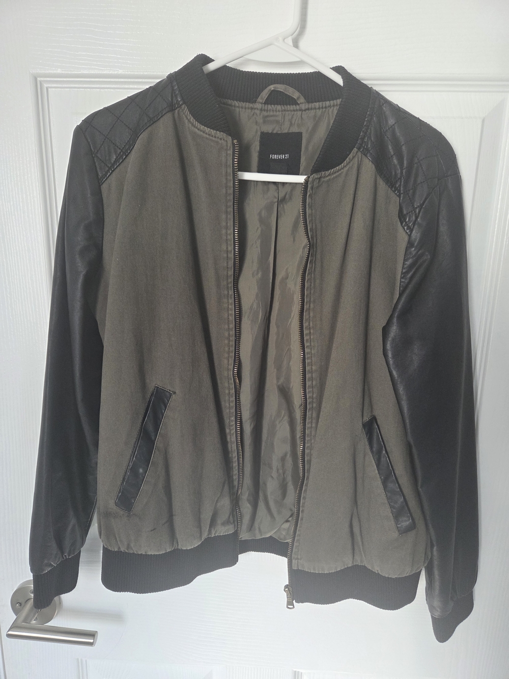 Forever 21 Olive Green Bomber Jacket with Black Faux Leather Sleeves